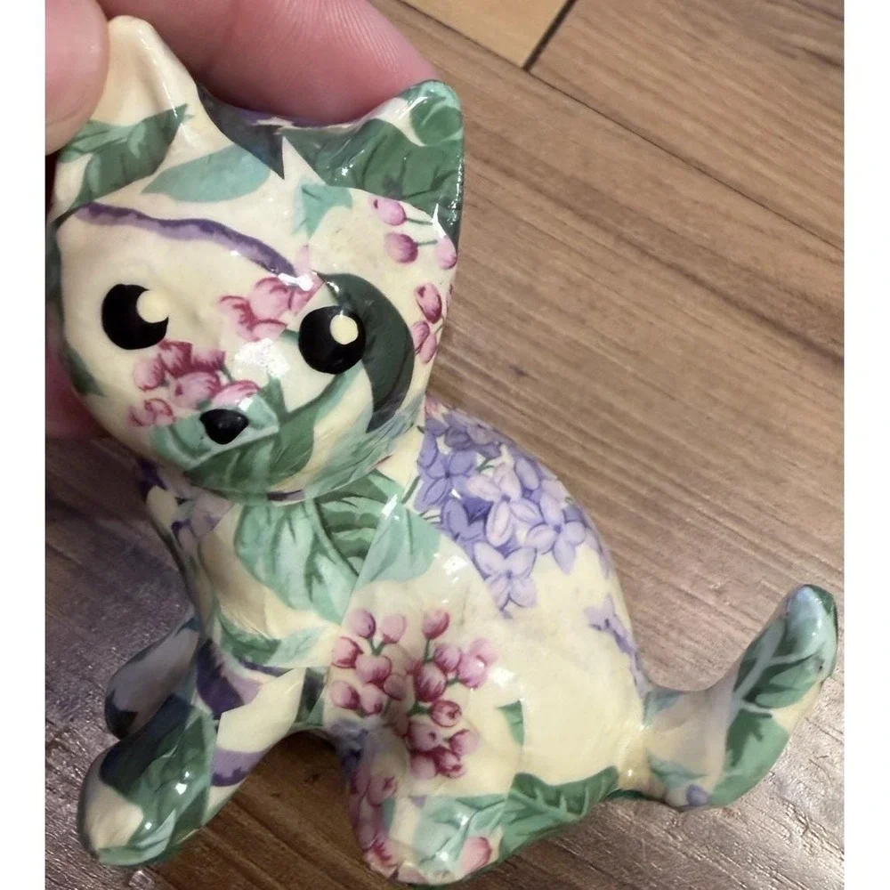 Handmade Floral Decoupage‎ Cat Figurine Made in Canada Ceramic Cottagecore Decor